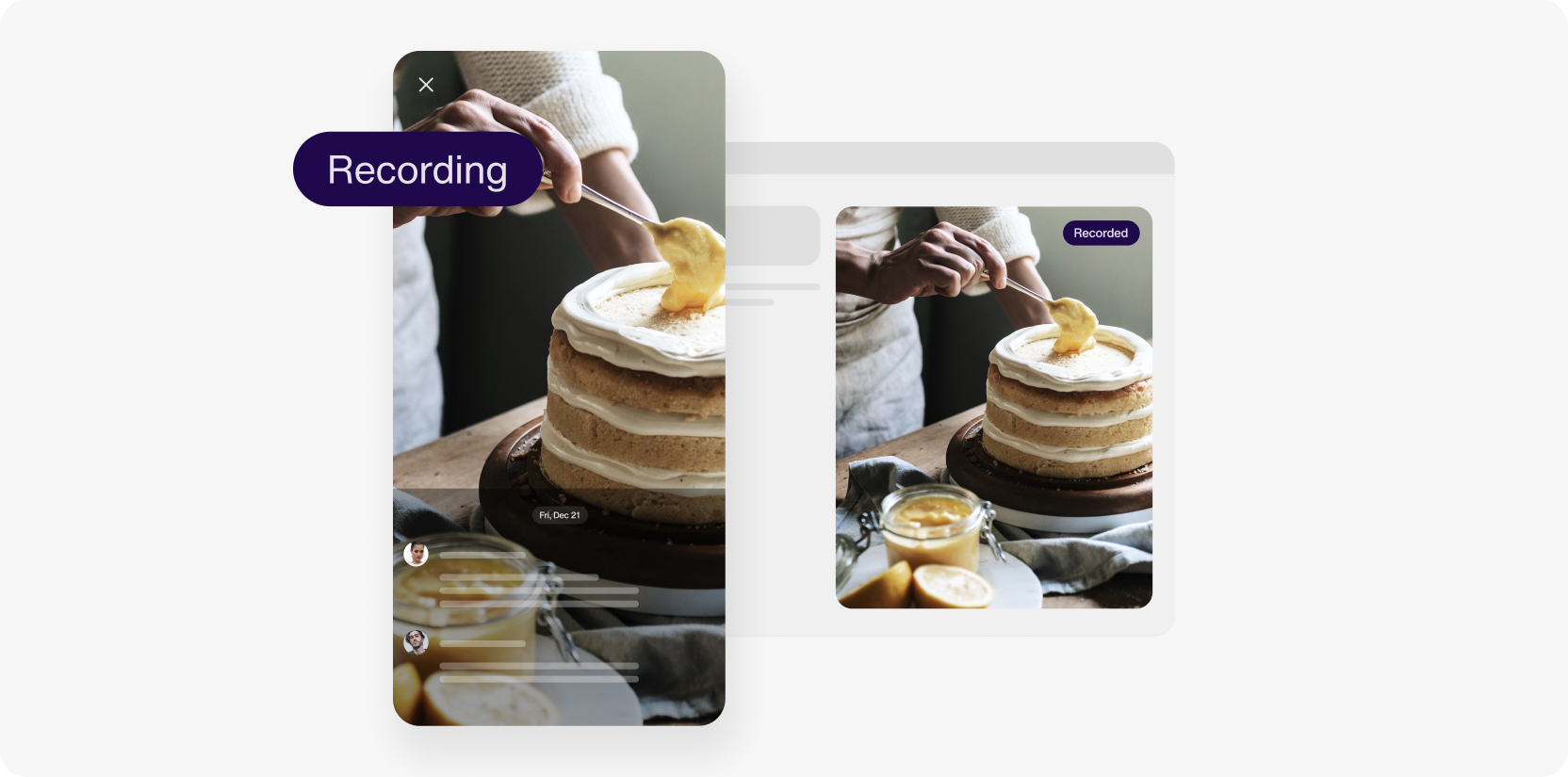 Live video cloud recording for a cooking video, with cloud recording status and storage indicator