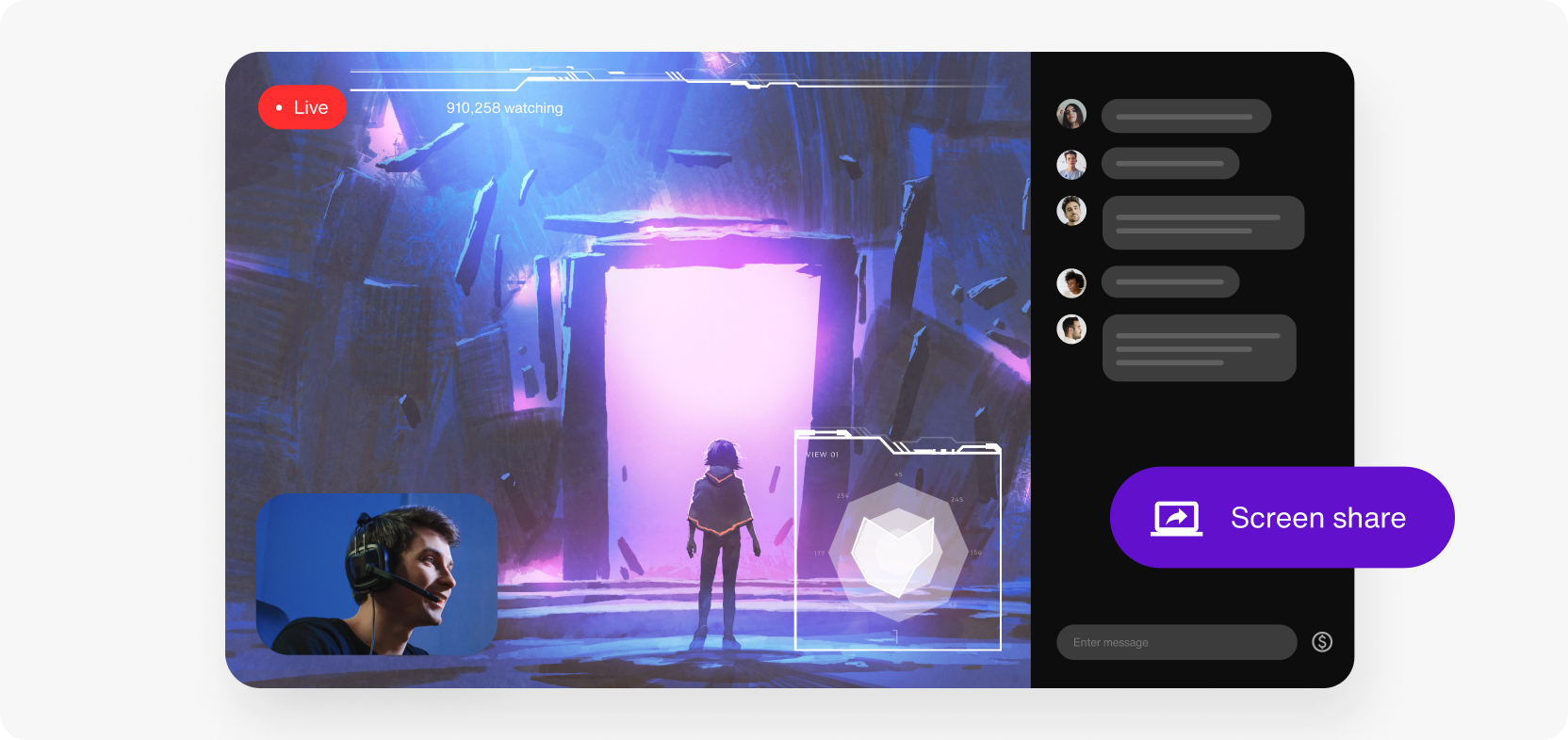 Gamer sharing his desktop screen during gameplay with his audience commenting live in chat