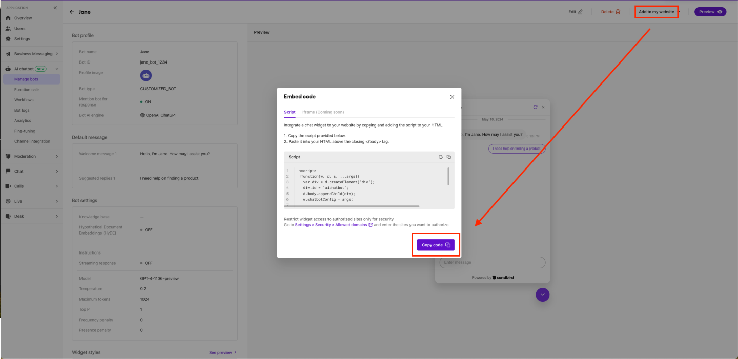 Image|Sendbird dashboard screen showing Embed code popup.