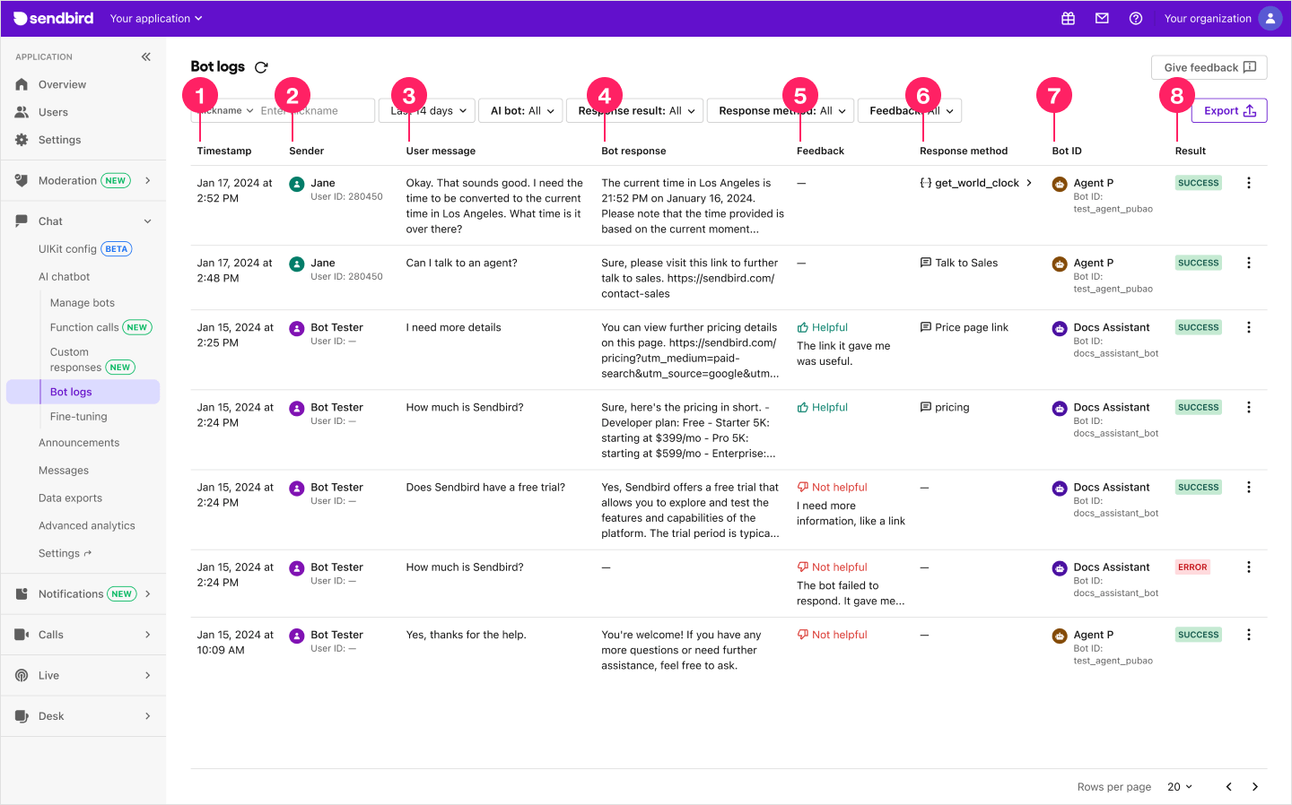 Image|Dashboard screen showing the bot logs page.