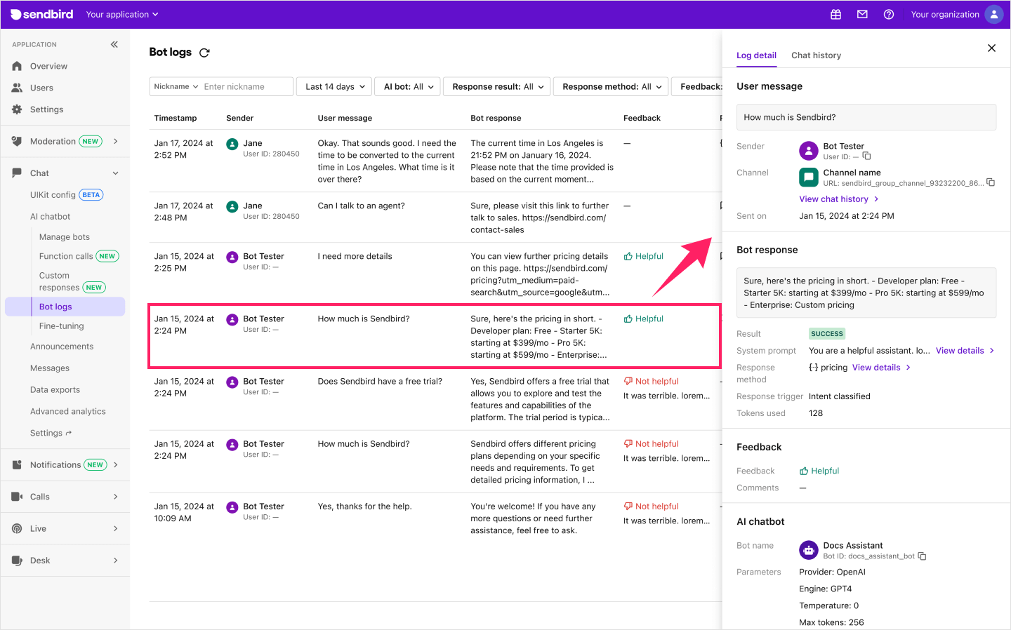 Image|Dashboard screen showing the bot logs page.