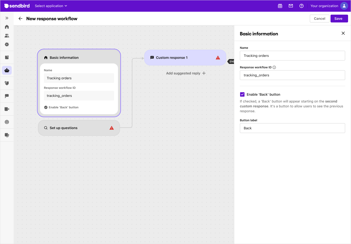 image|Dashboard screen showing the basic information fields in create response workflow page.