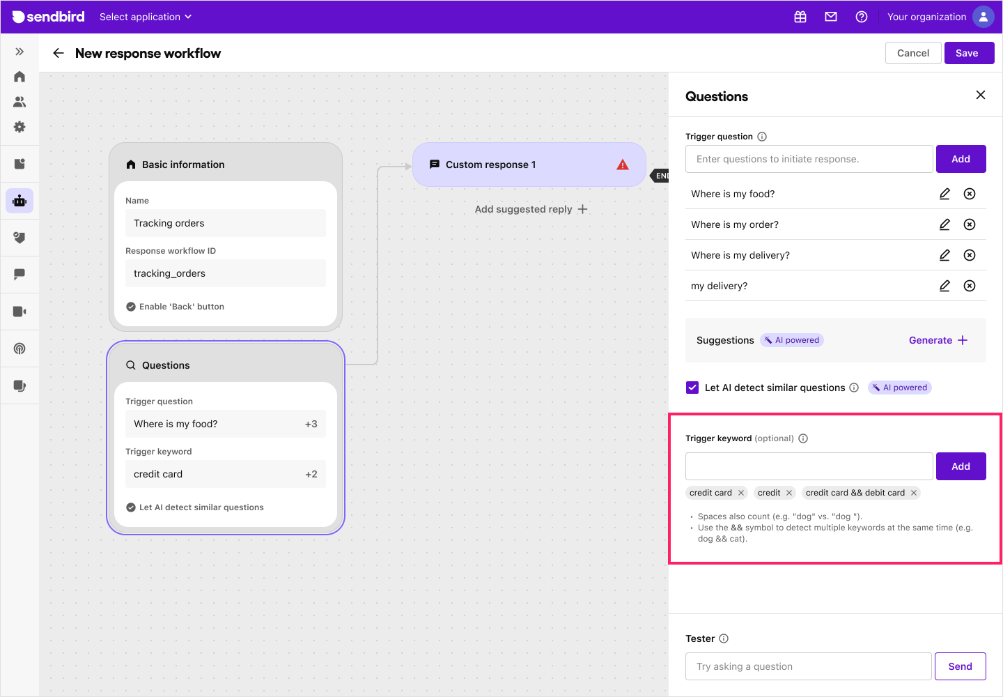 image|Dashboard screen showing the trigger keyword section in create response workflow page.