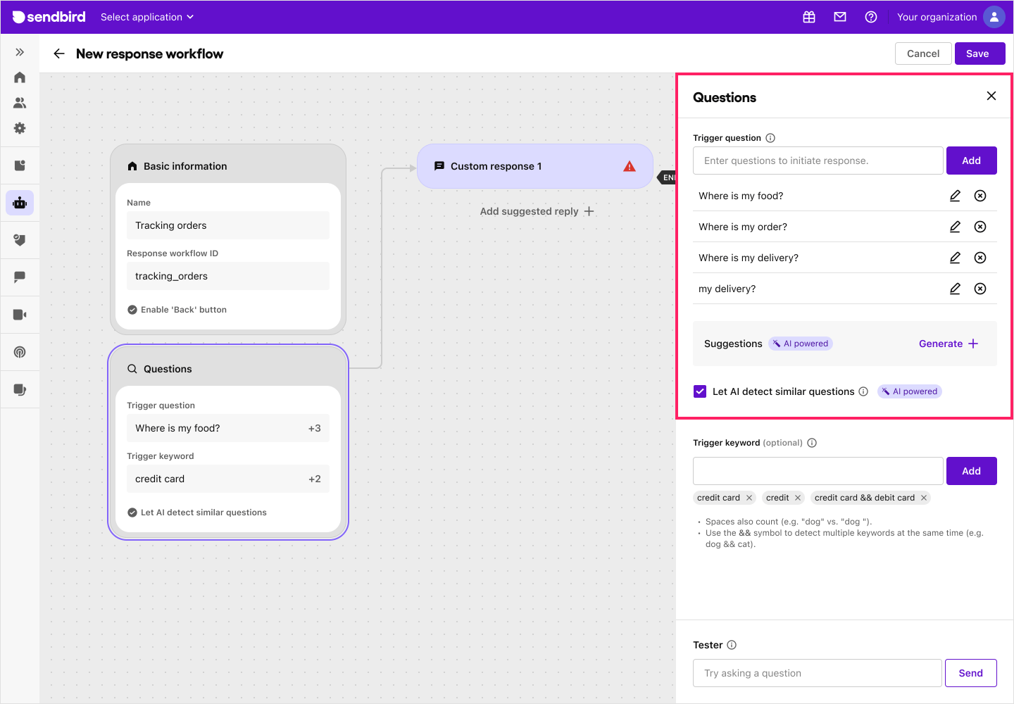 image|Dashboard screen showing the trigger questions and keywords section in create response workflow page.