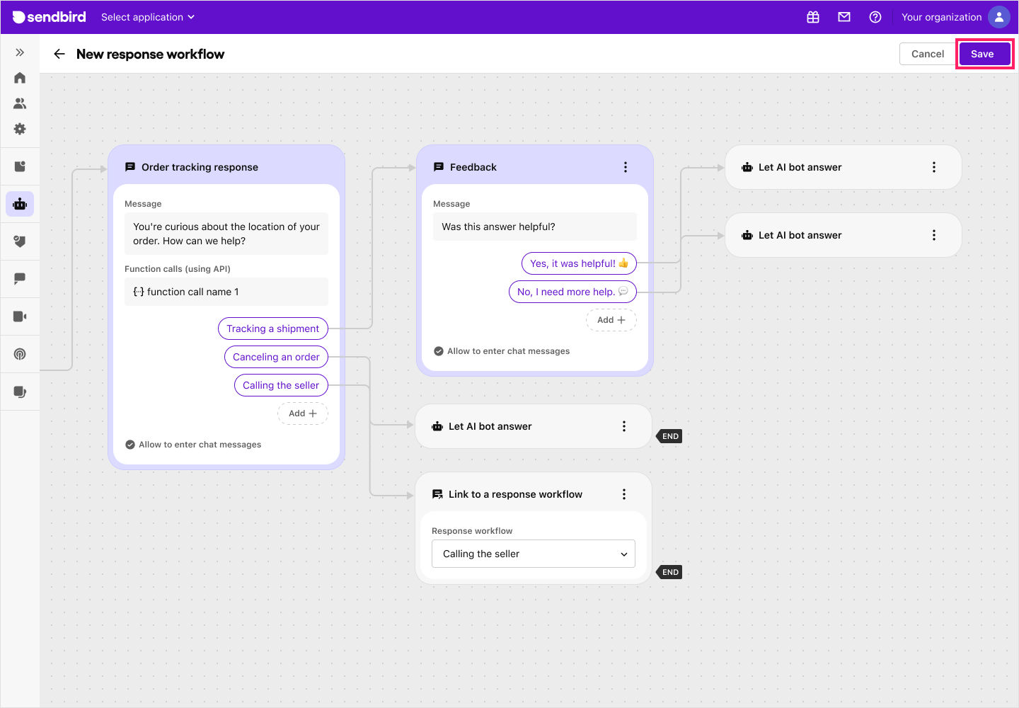 image|Dashboard screen showing the response workflow builder with a save button.