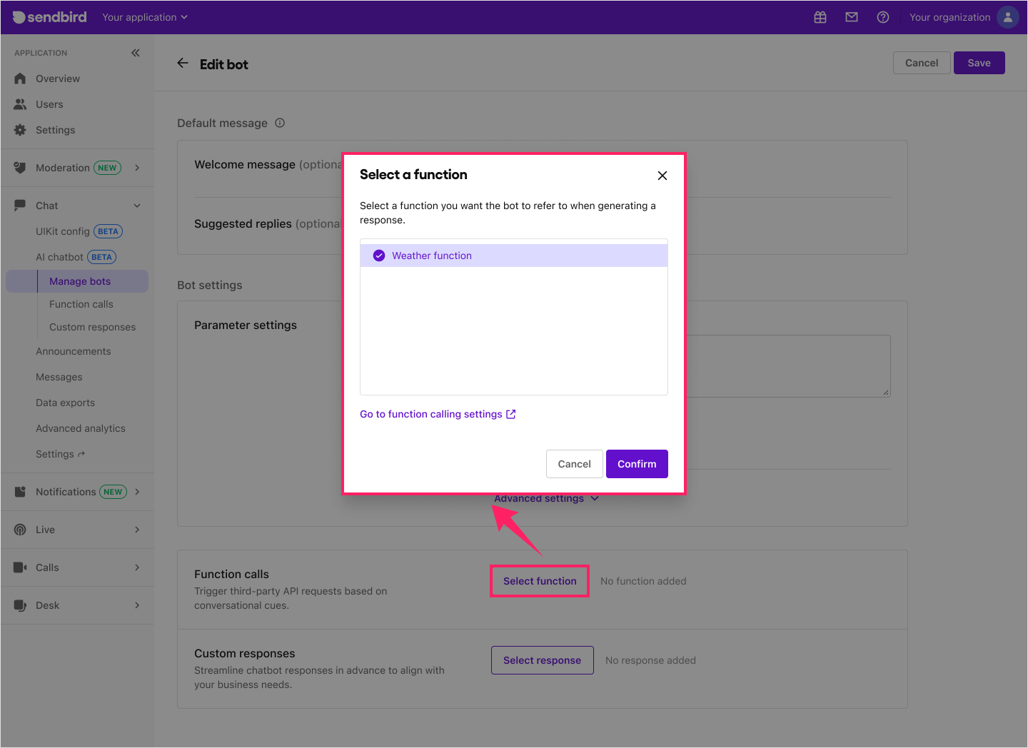 Image|Dashboard screen showing how to incorporate function calls in bot detail page.