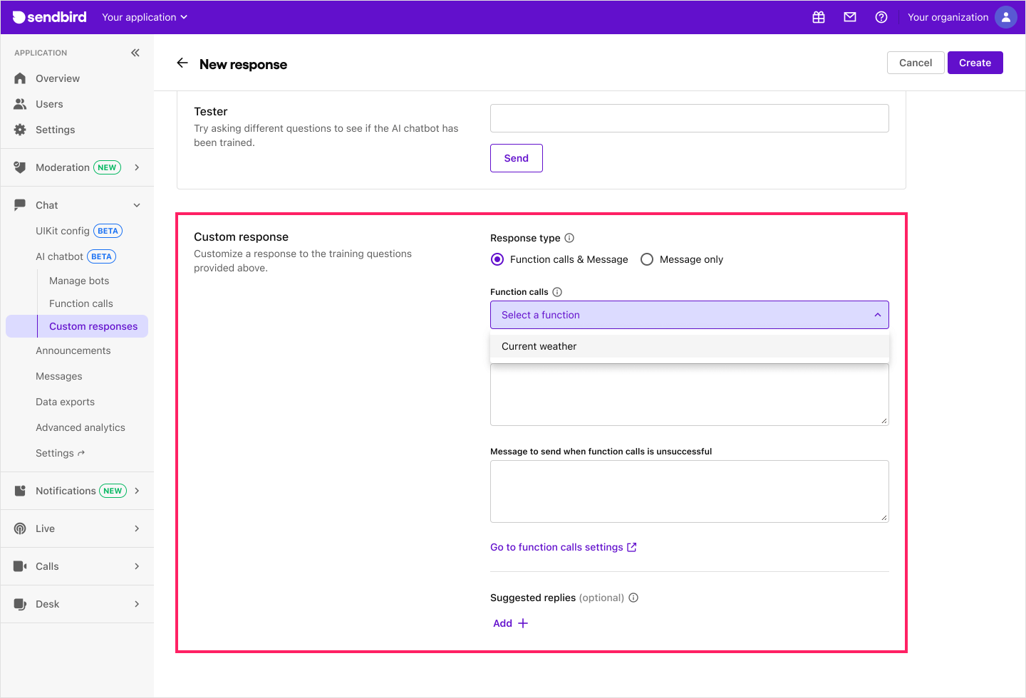 Image|Dashboard screen showing how to incorporate function calls in custom response page.