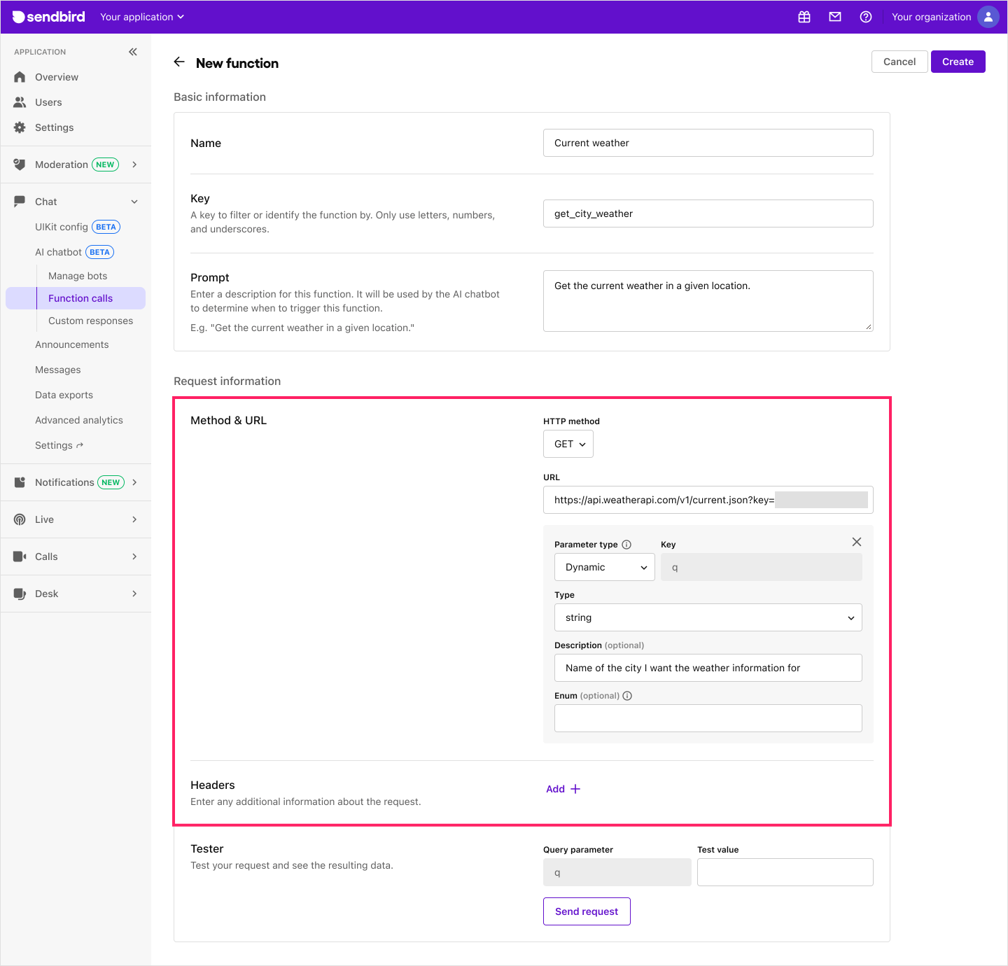 Image|Dashboard screen showing the request information section in create function page.