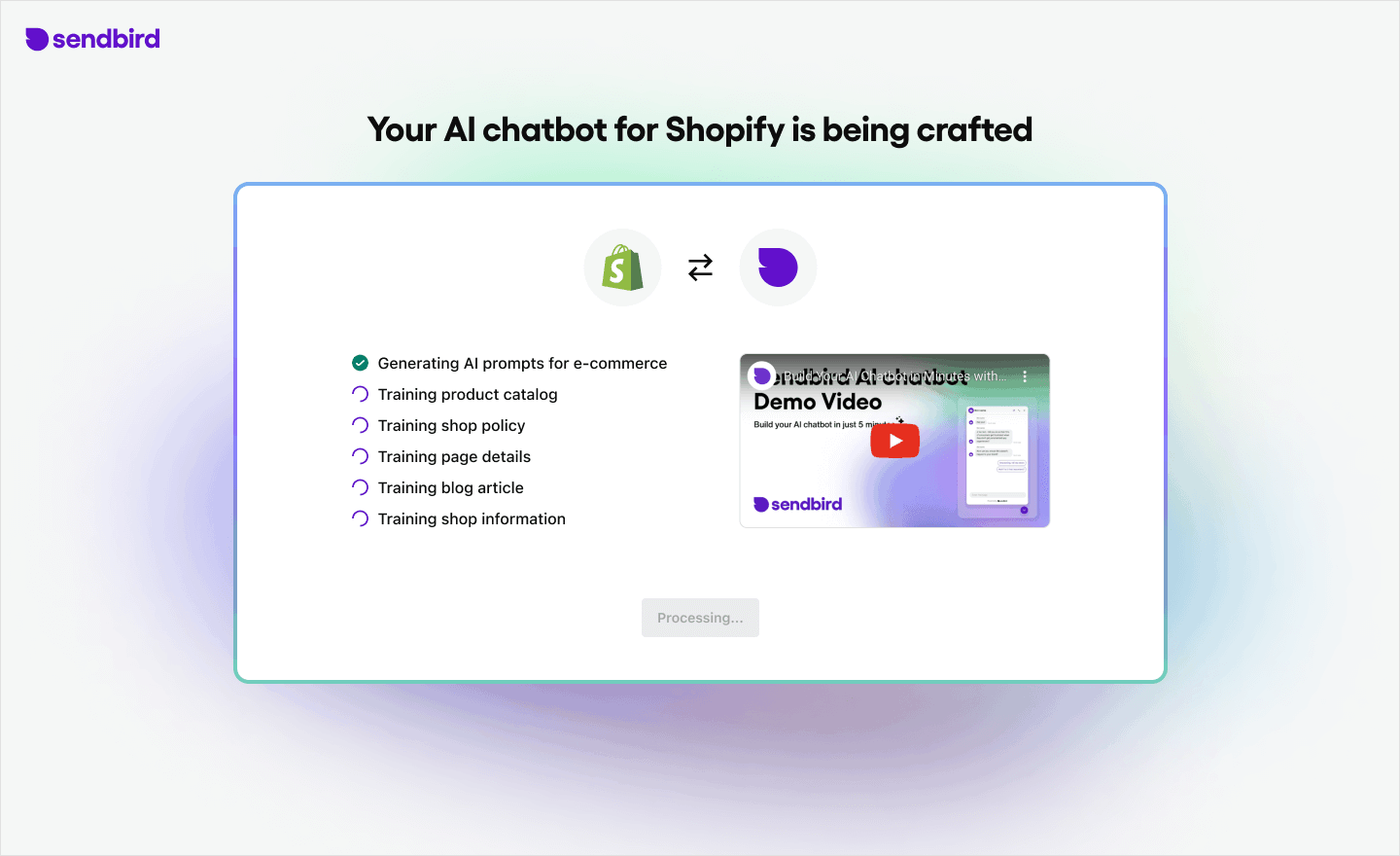 Sendbird Shopify chatbot training on store data