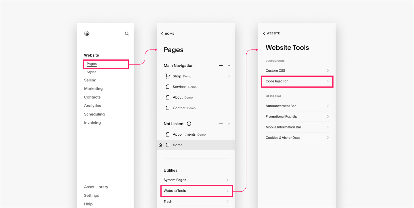 Image|Squarespace dashboard showing the left navigation bar pathway to get to the code injection page.