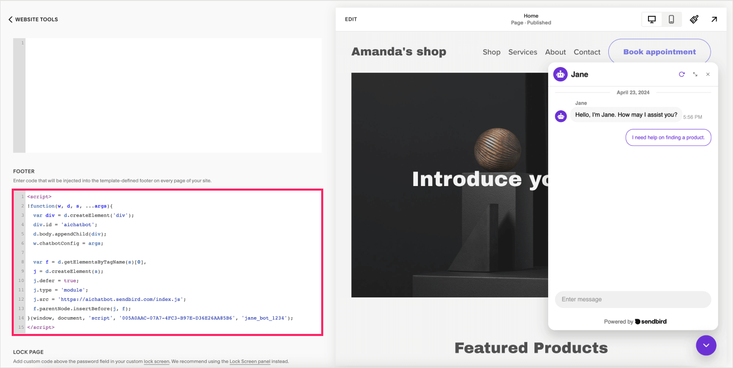 Image|Squarespace dashboard showing where to paste the script code.
