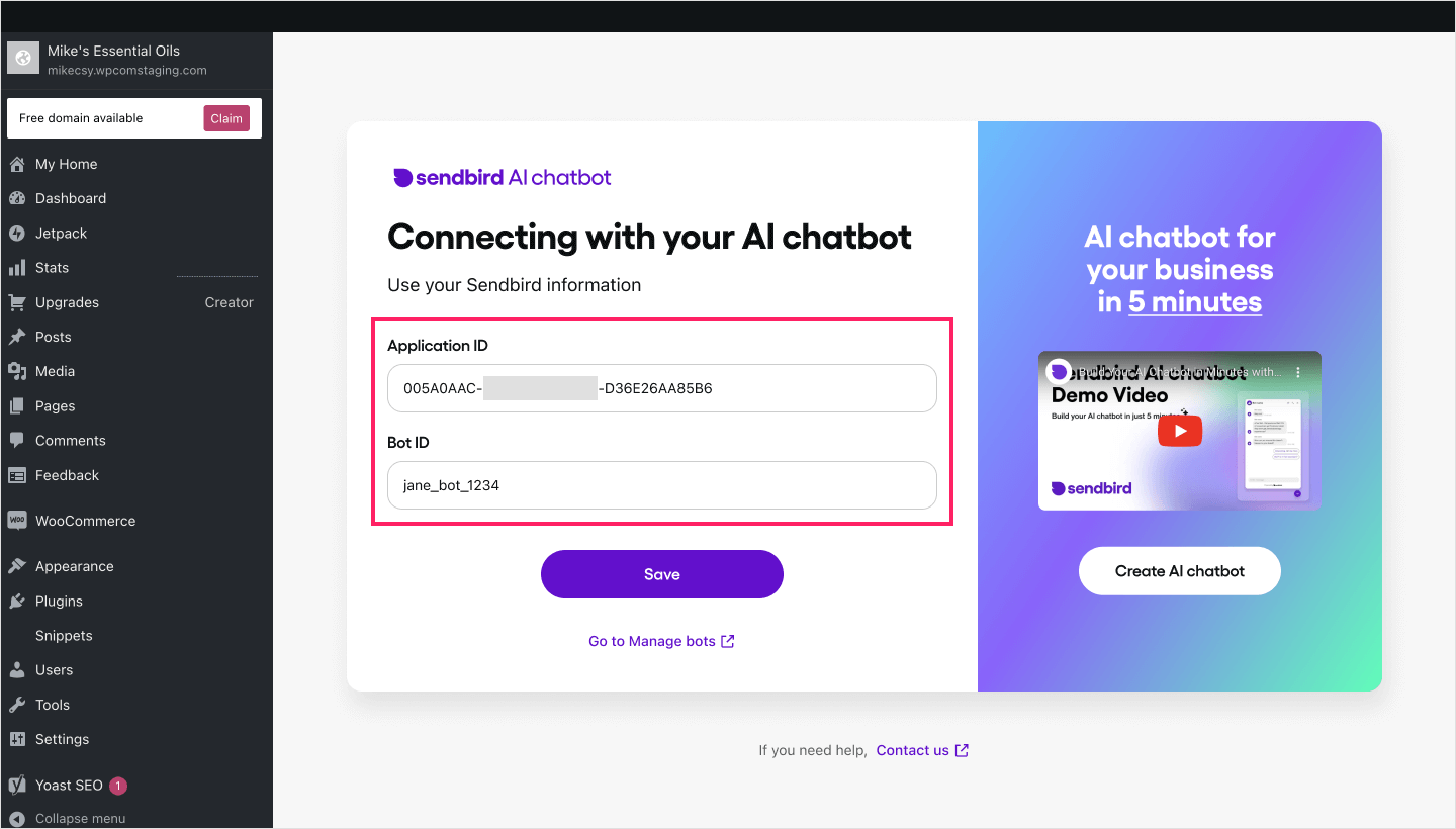 Image|Wordpress screen showing Connecting with your AI chatbot modal.
