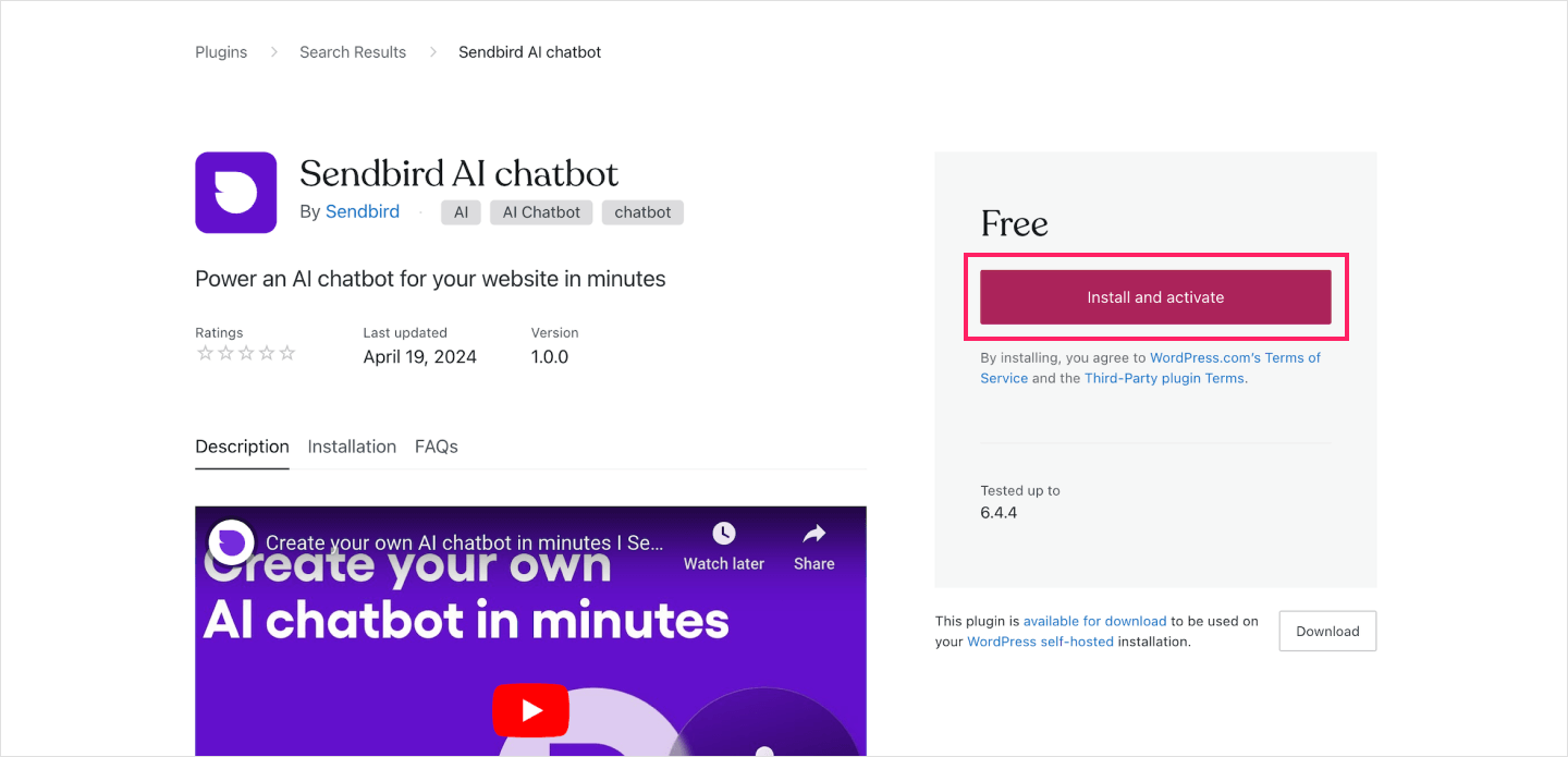 Image|Screen showing Sendbird AI chatbot plugin installation page on WordPress website.