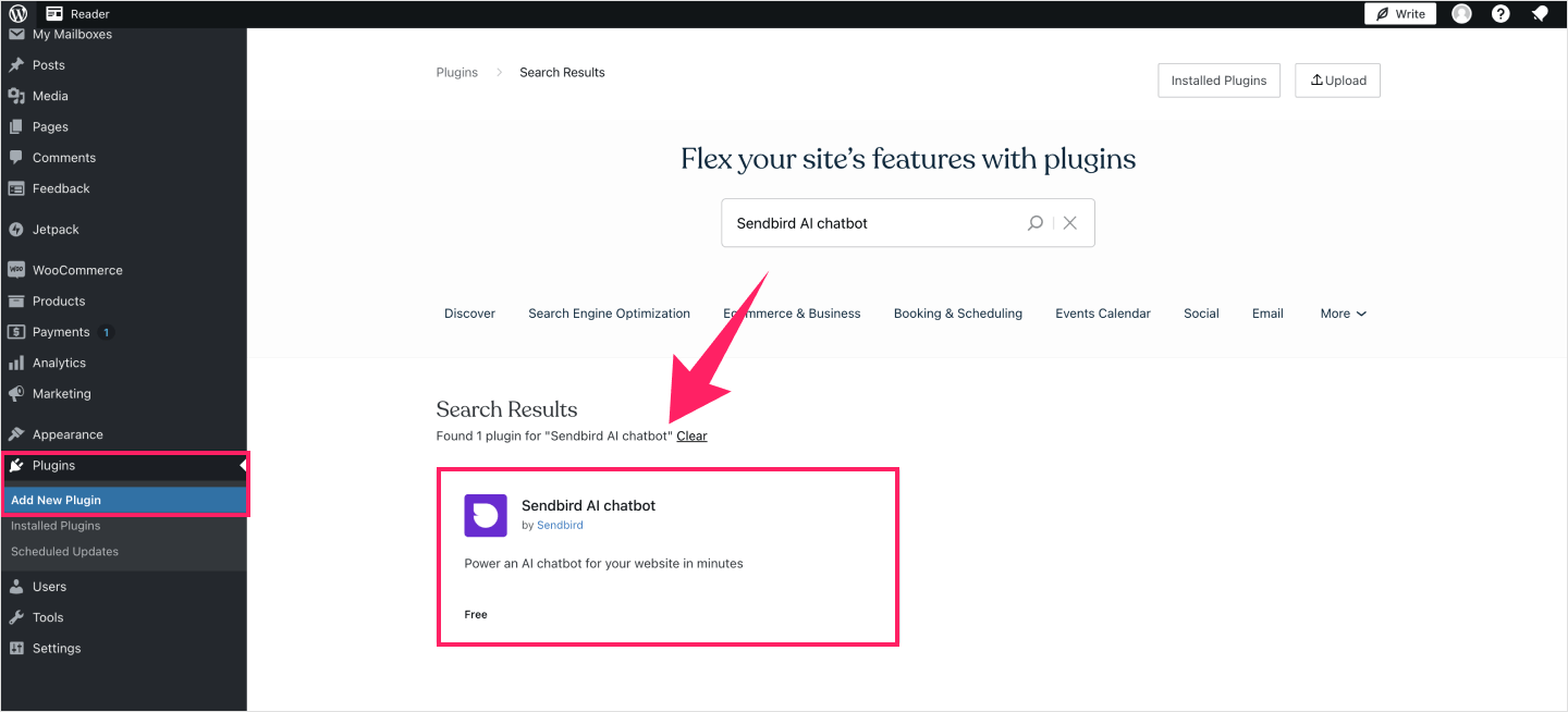 Image|WordPress page showing Sendbird AI chatbot plugin.