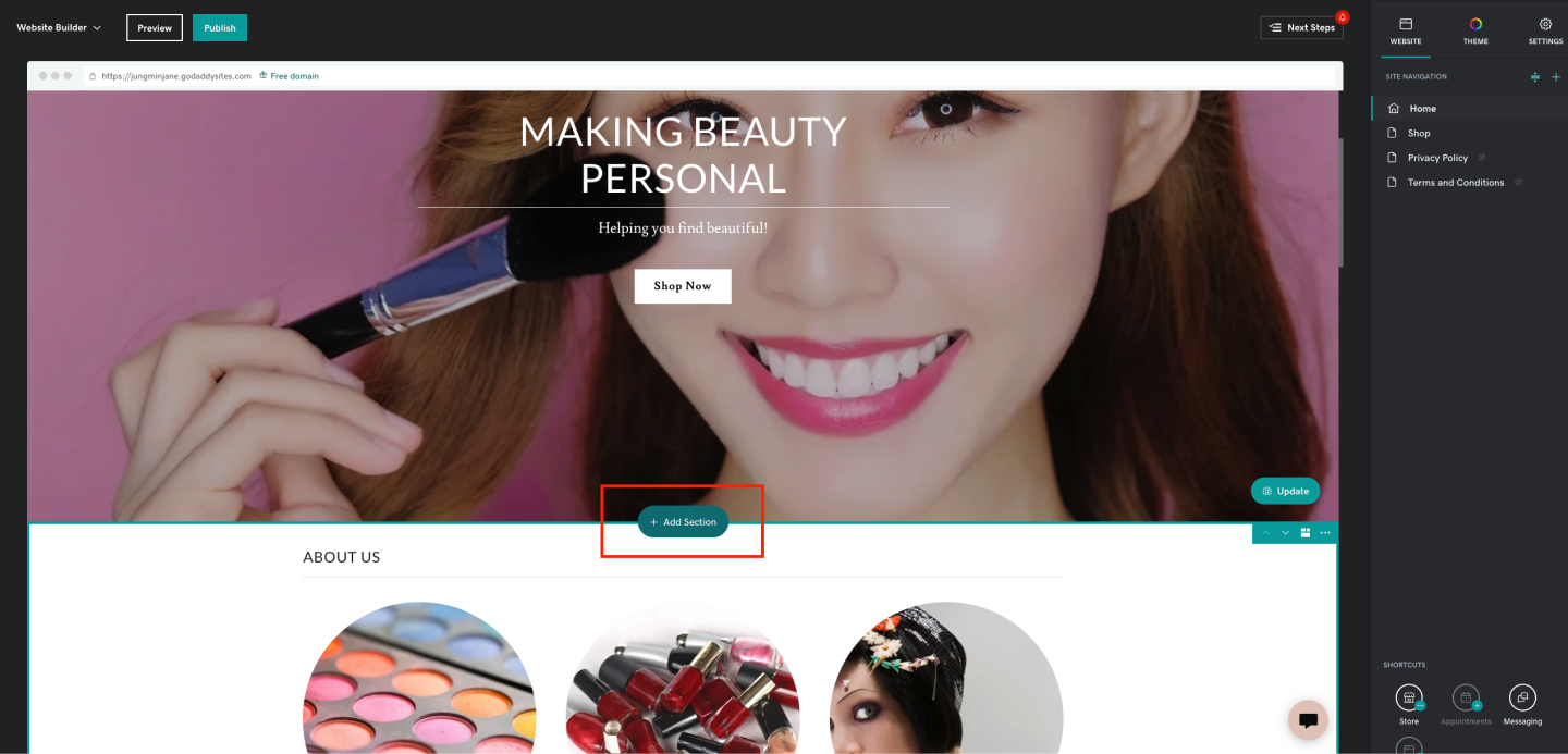 Image|GoDaddy website builder page showing the add section button.