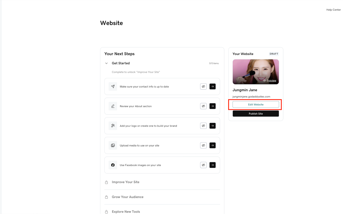 Image|GoDaddy dashboard page showing the edit website button.