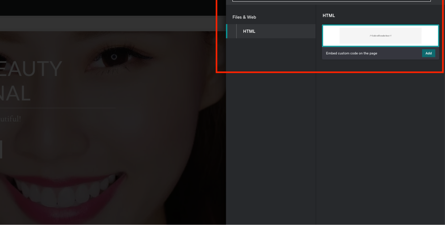 Image|GoDaddy website builder page showing a side panel with "HTML" in the search bar.