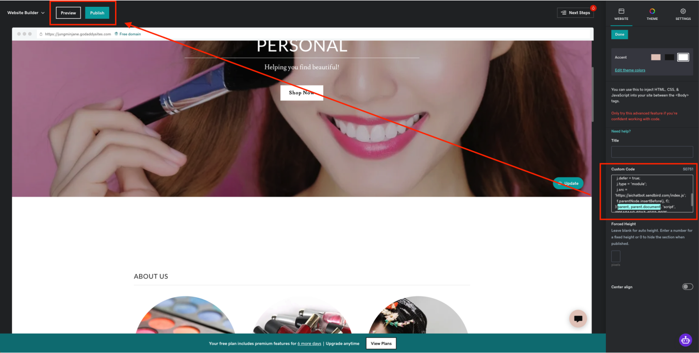 Image|GoDaddy website builder showing the script code pasted and changed in the side panel.