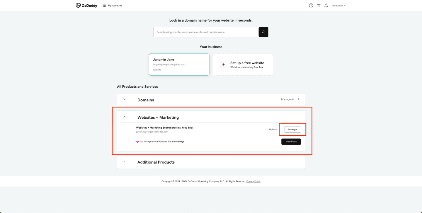 Image|GoDaddy product page showing the manage button under website and marketing.