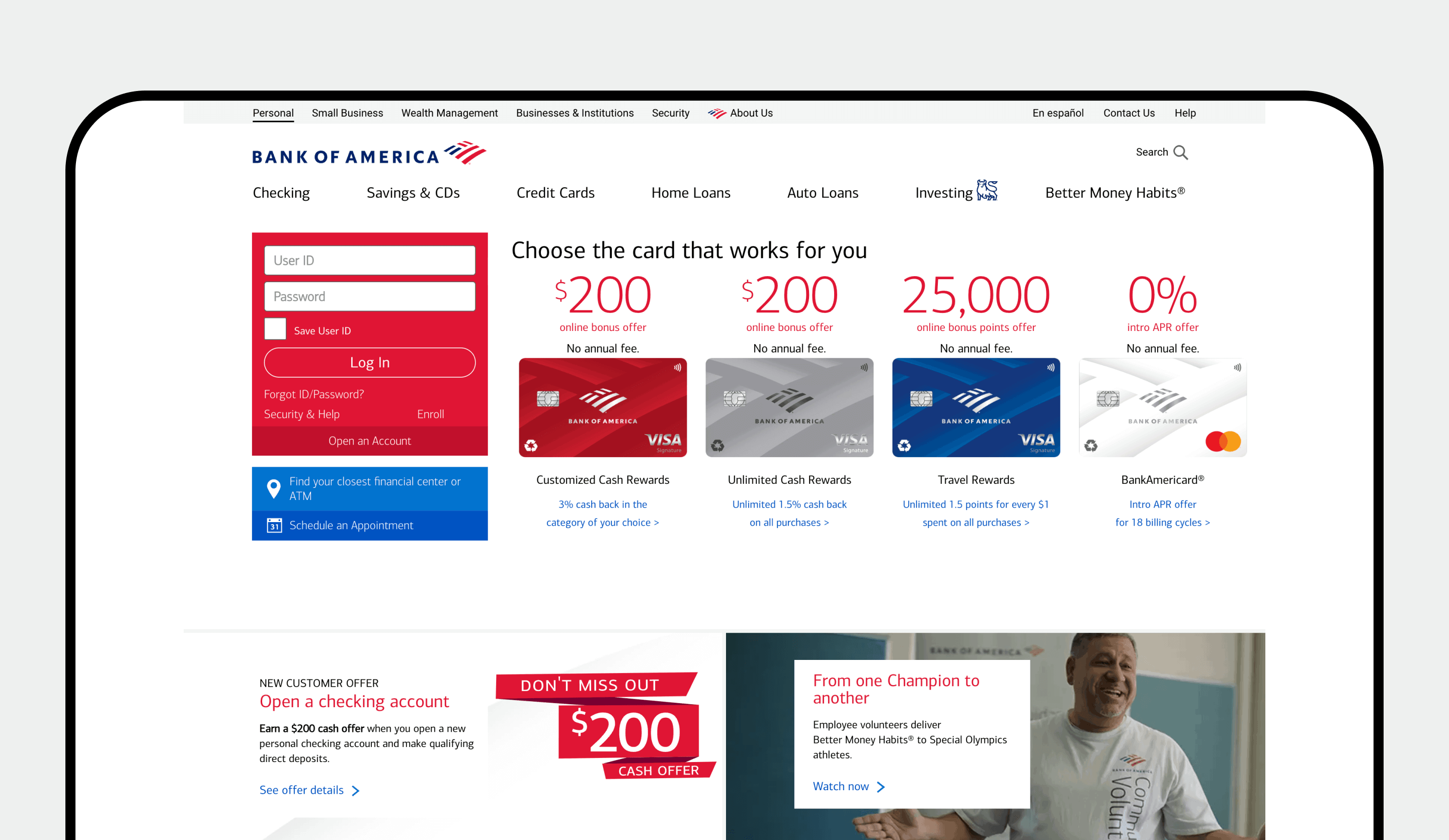 A screenshot of the Bank of America website