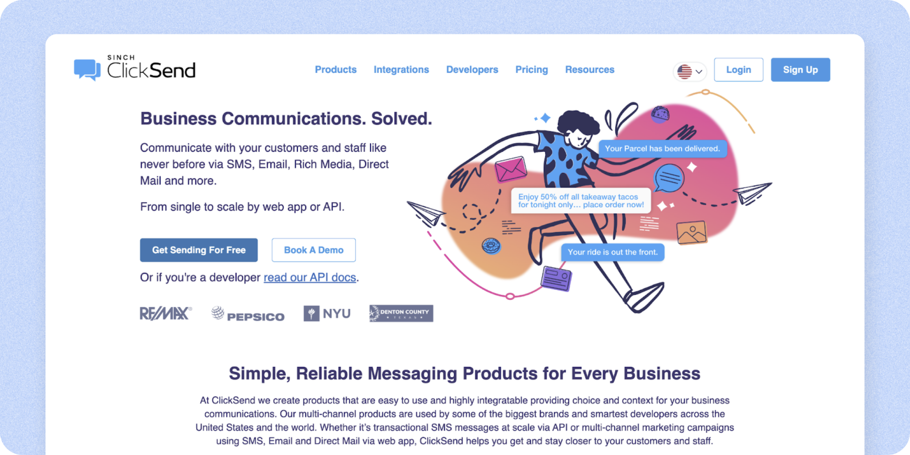 A screenshot of ClickSend, the reliable SMS solution for international bulk messaging