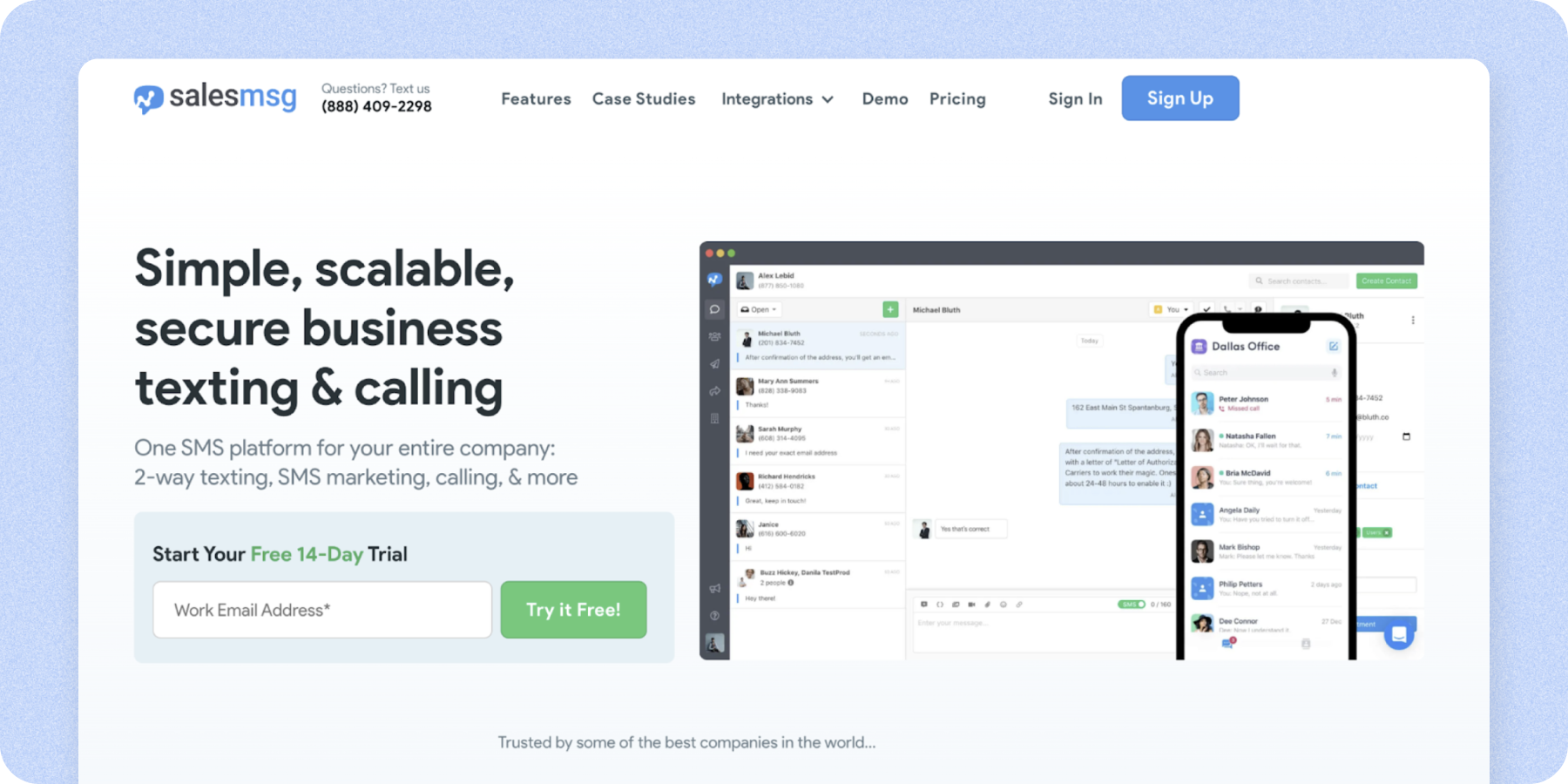 A screenshot of Salesmsg, a streamlined SMS platform with two-way communication
