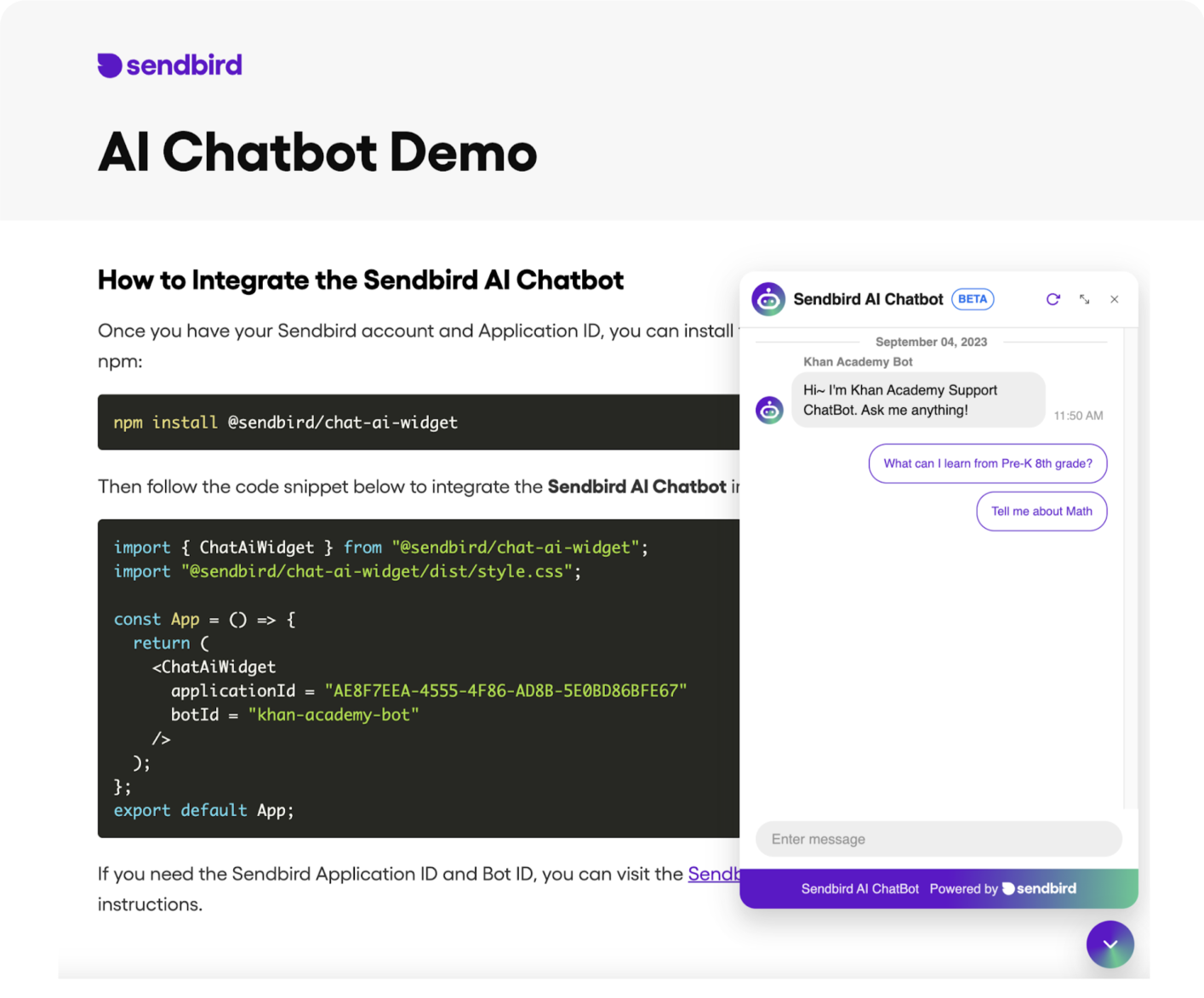 Npm command line, code snippet, Sendbird AI chatbot widget UI