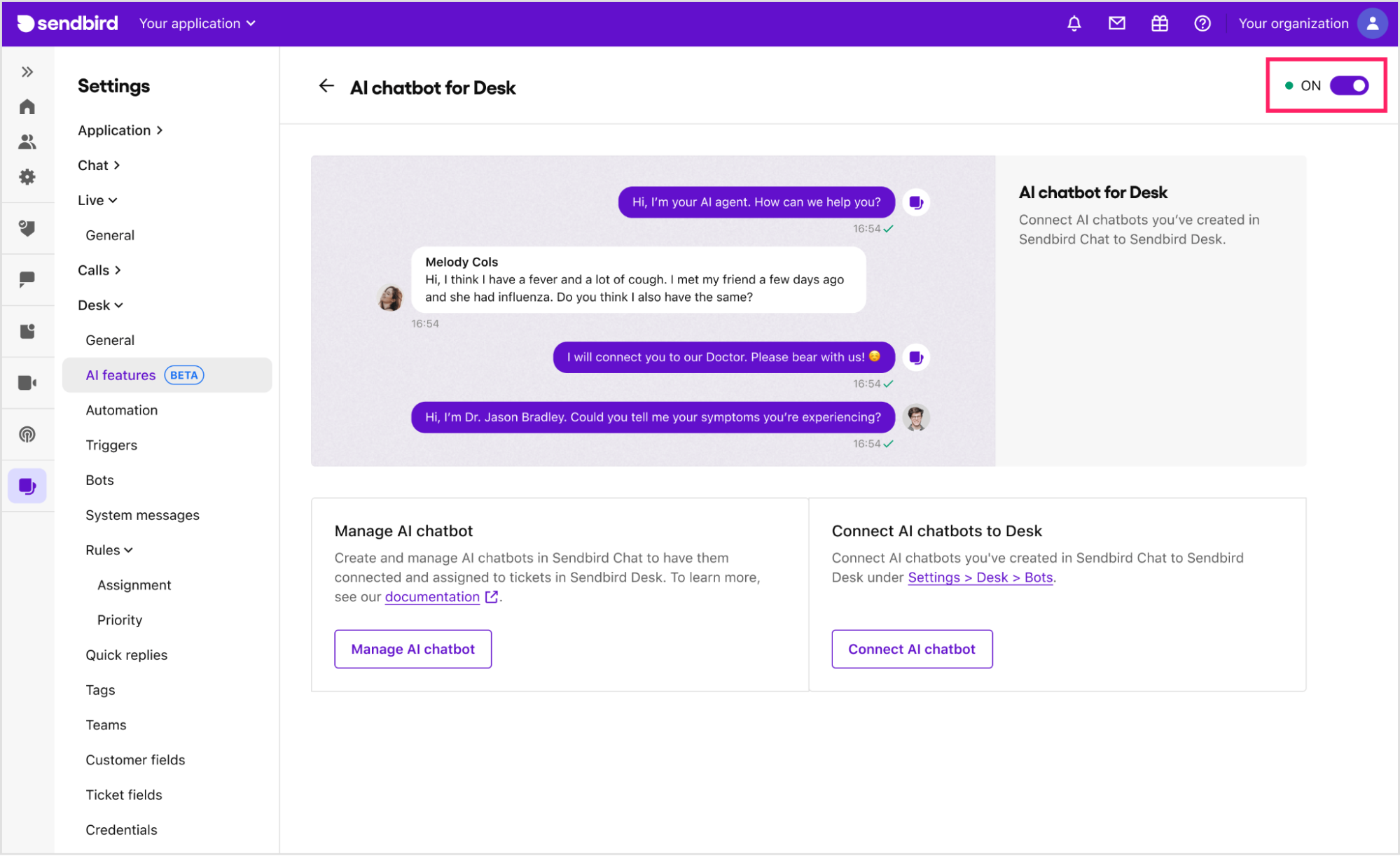 AI chatbot solution: Sendbird Desk AI chatbot dashboard