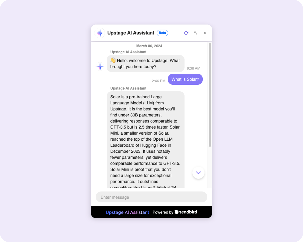 Upstage AI Assistant leveraging Sendbird SmartAssistant AI chatbot and Solar LLM integration