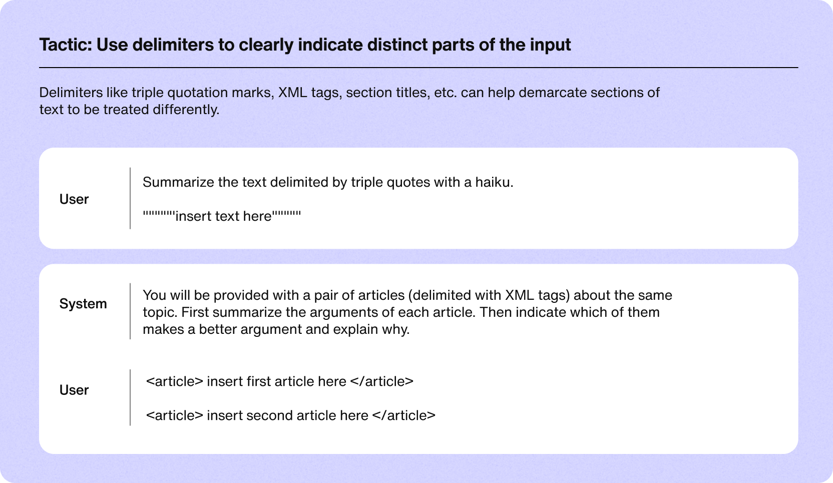 Example of GPT prompts with delimiters