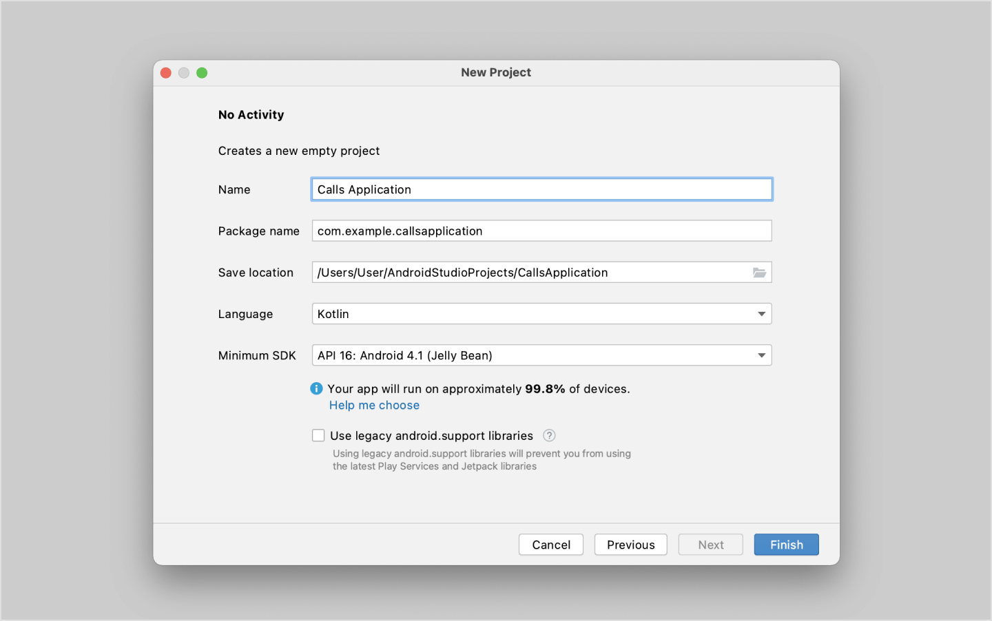 Image|Setting up your project in the Create new project dialog.