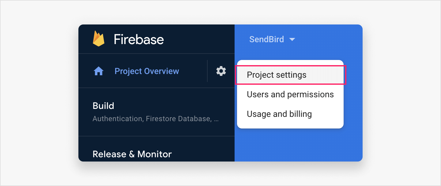 Opening project settings to configure your Firebase project.