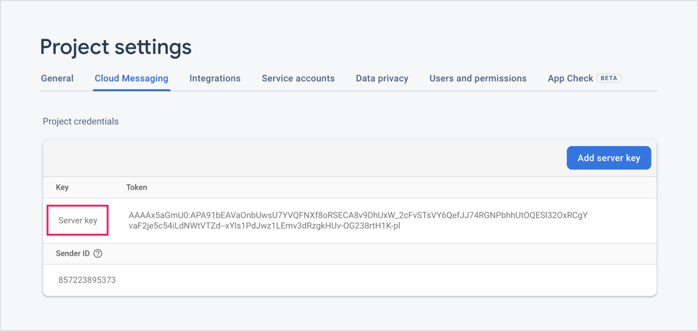 Copying your server key on Cloud Messaging > Project credentials.