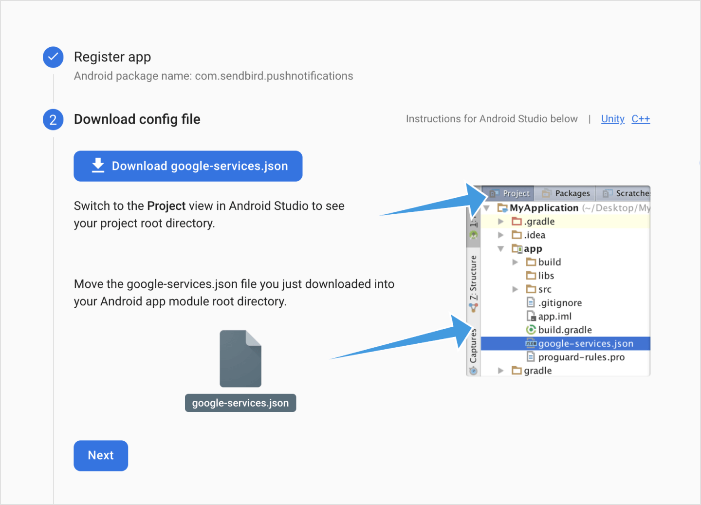 Downloading google-services.json and placing it in your Android app module's root directory.