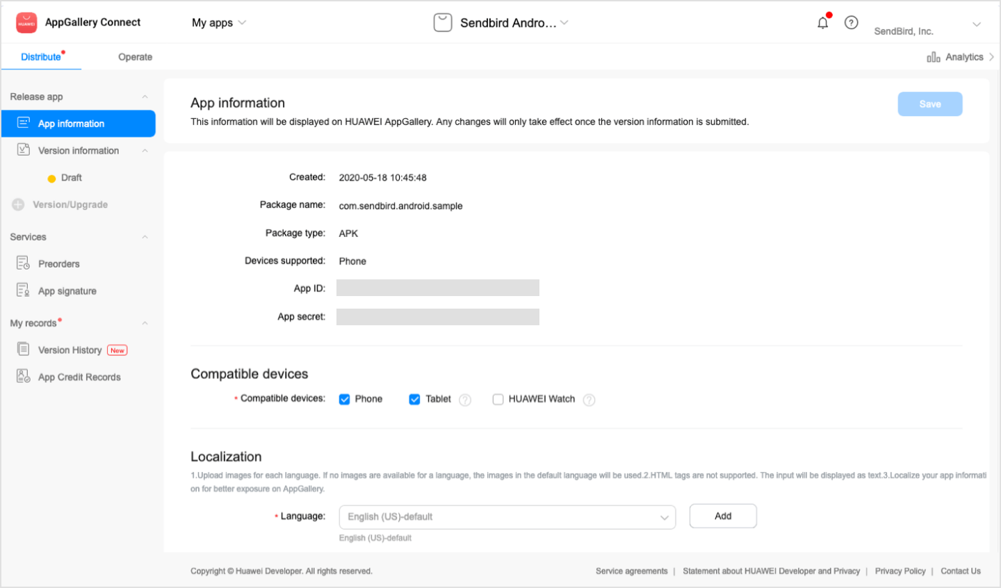 Copying your App ID and App secret on Convention > App Information.