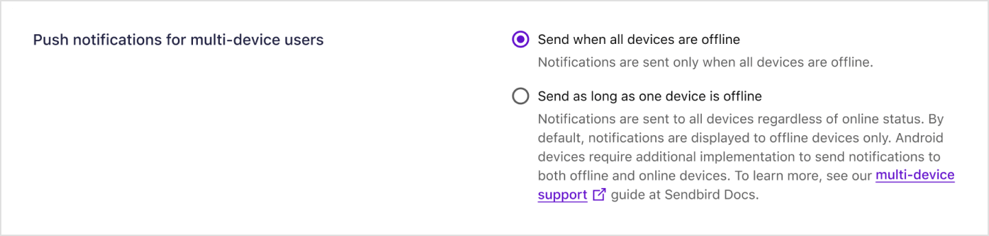 Turning on HMS push notifications for multi-device users on Sendbird Dashboard.