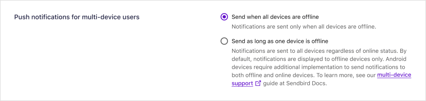 Image|Turning on APNs push notifications for multi-device users in Sendbird Dashboard.