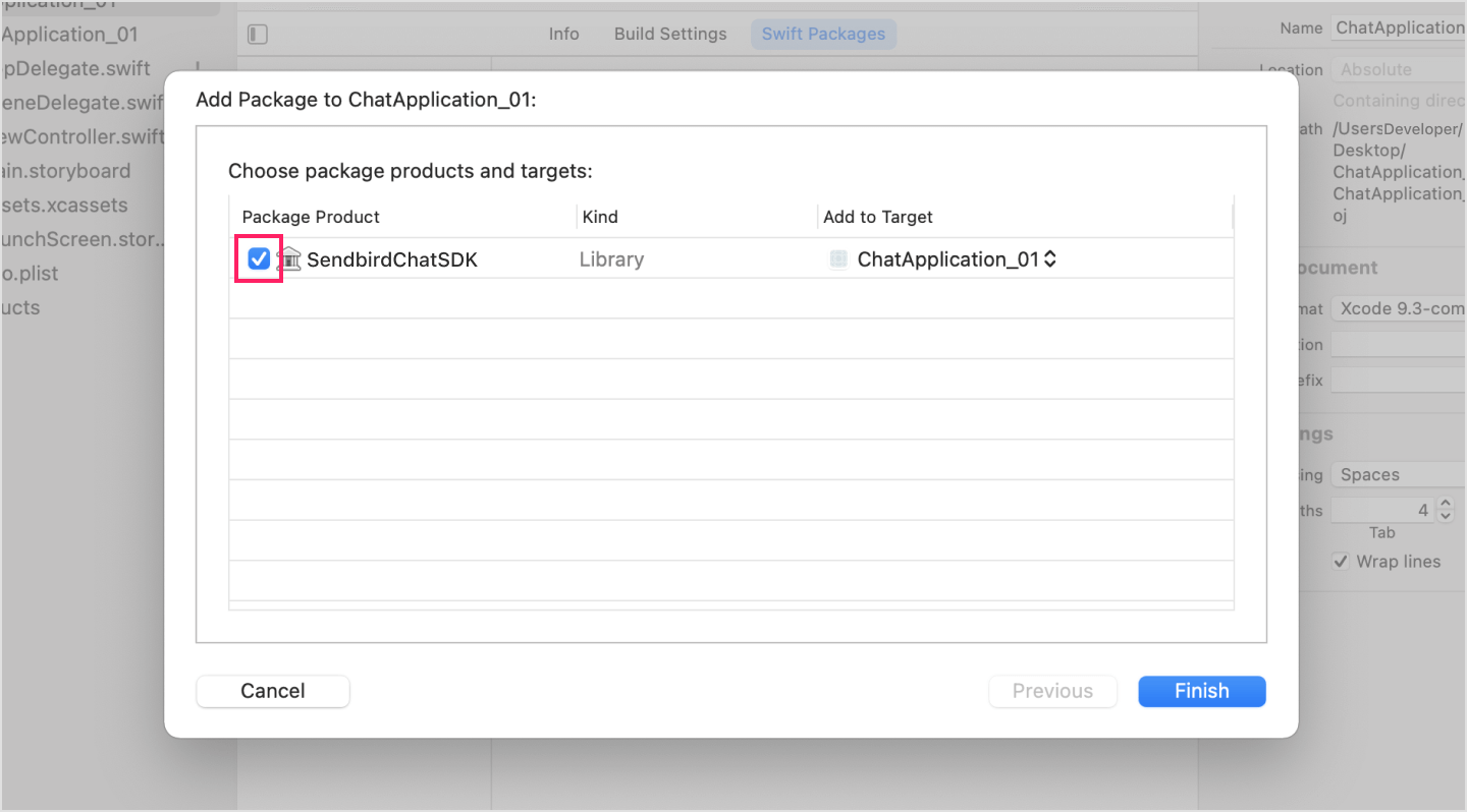 Image|Creating a dependency between your project and the SendbirdChat package