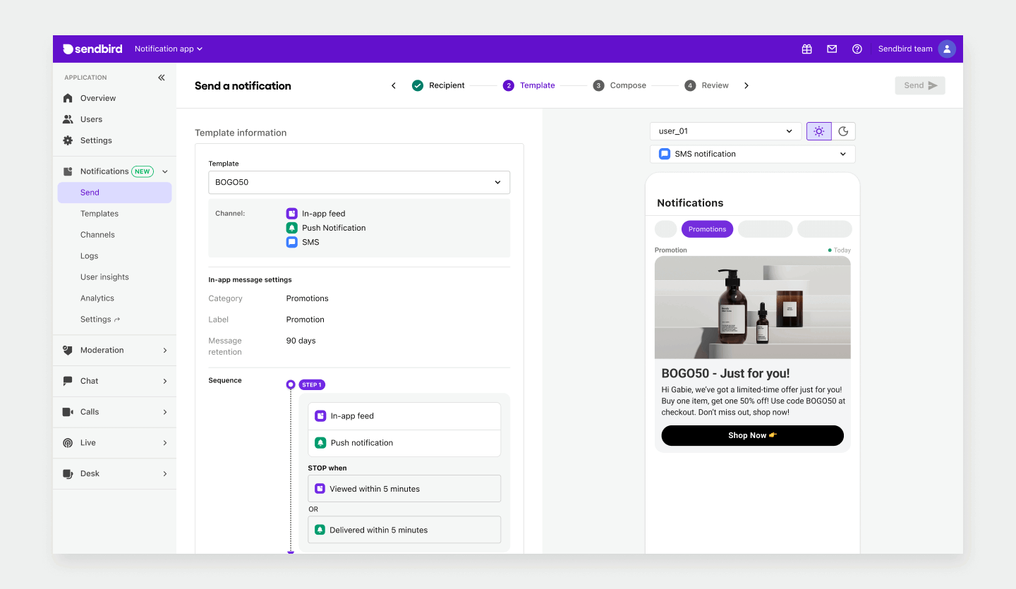 Sending an SMS notification through the campaign builder in the Sendbird dashboard