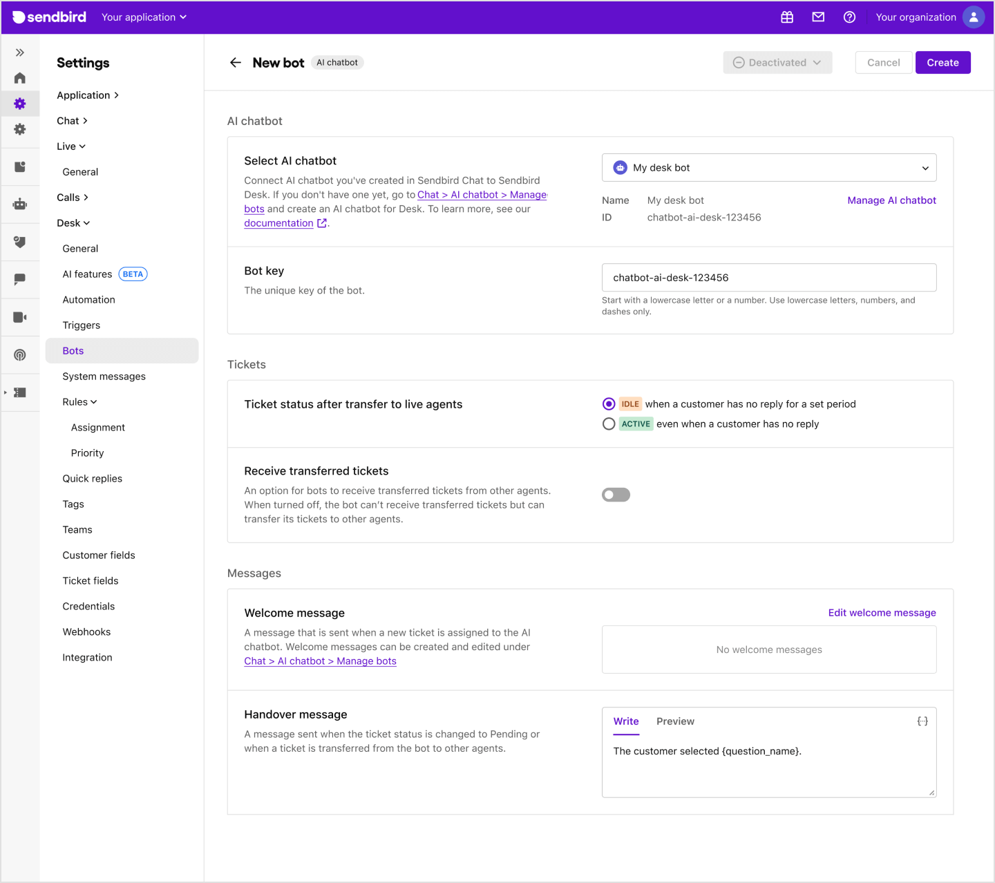 image|Setting up an AI chatbot for Sendbird Desk on the Bots page under Settings > Desk > AI features on the dashboard.