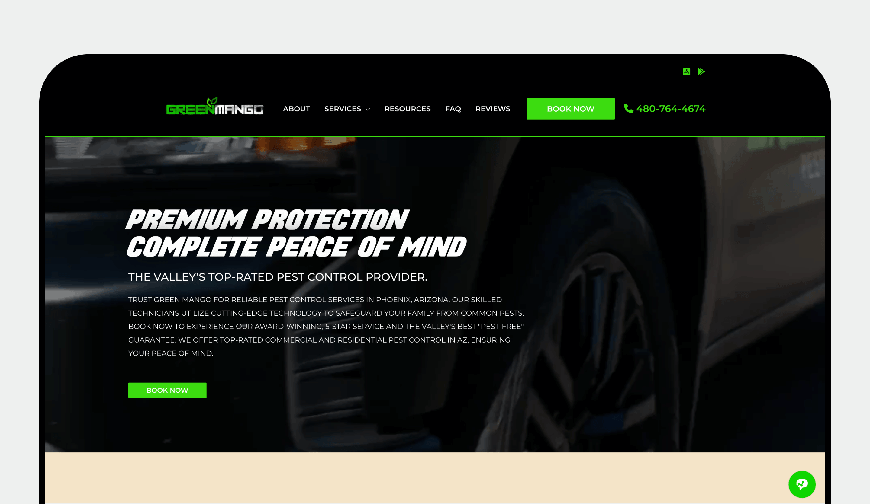 A screenshot of the Green mango Pest Control website