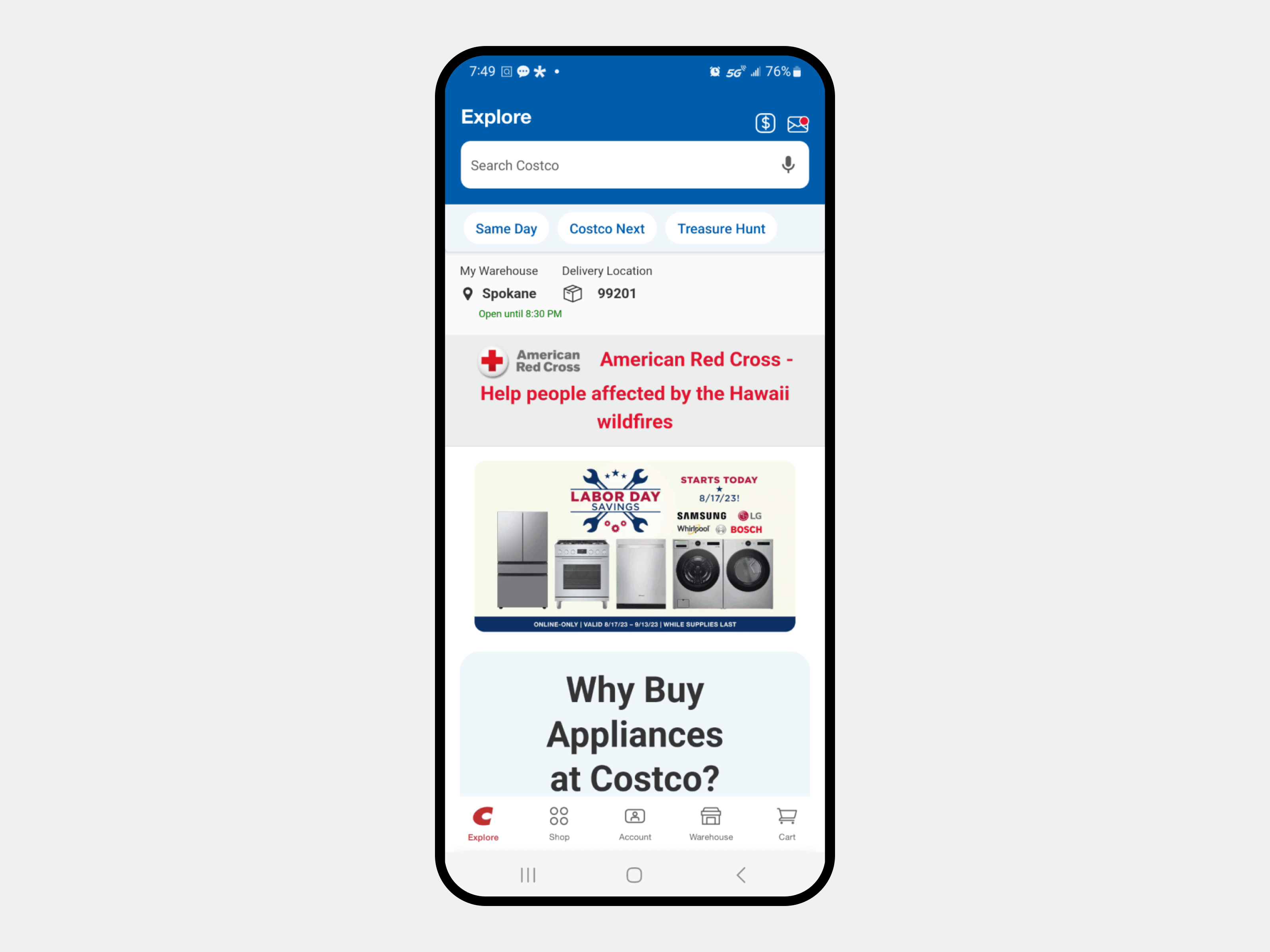 A screenshot of Costco mobile app