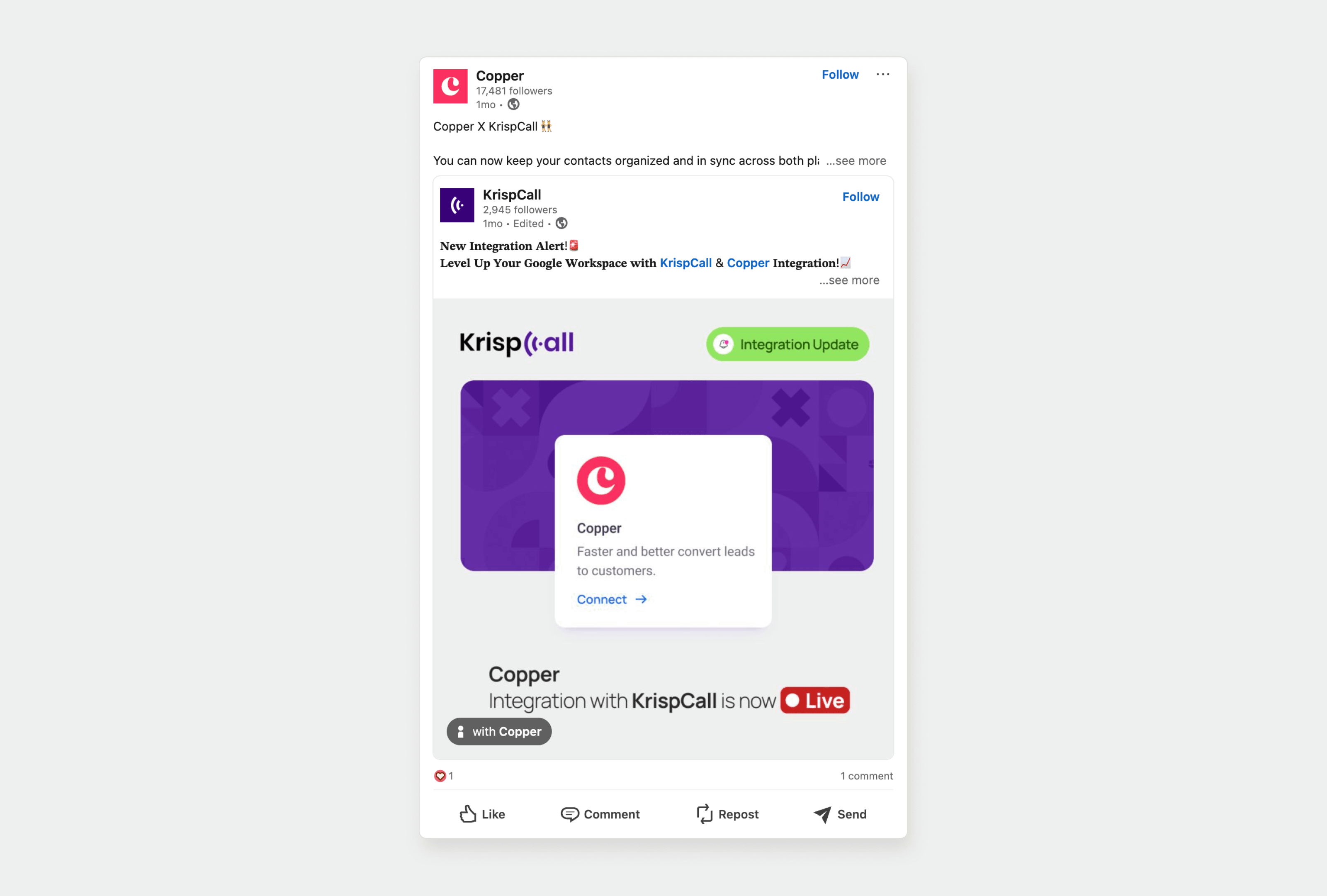 A LinkedIn post collaboration between Copper and their partner KrispCall
