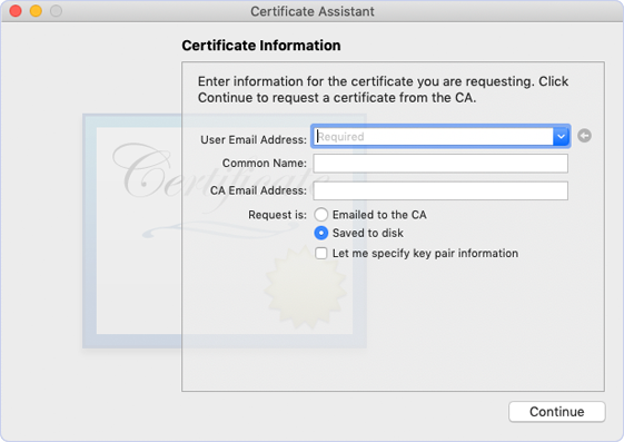 Image|Entering the required information in Certificate Information dialog.