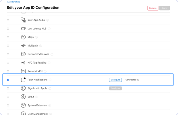 Image|Enabling Push notifications option for configuration in the Edit your App ID Configuration.