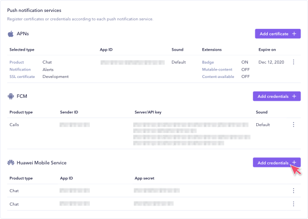Adding your App ID and App secret for Huawei Mobile Service on Sendbird Dashboard.