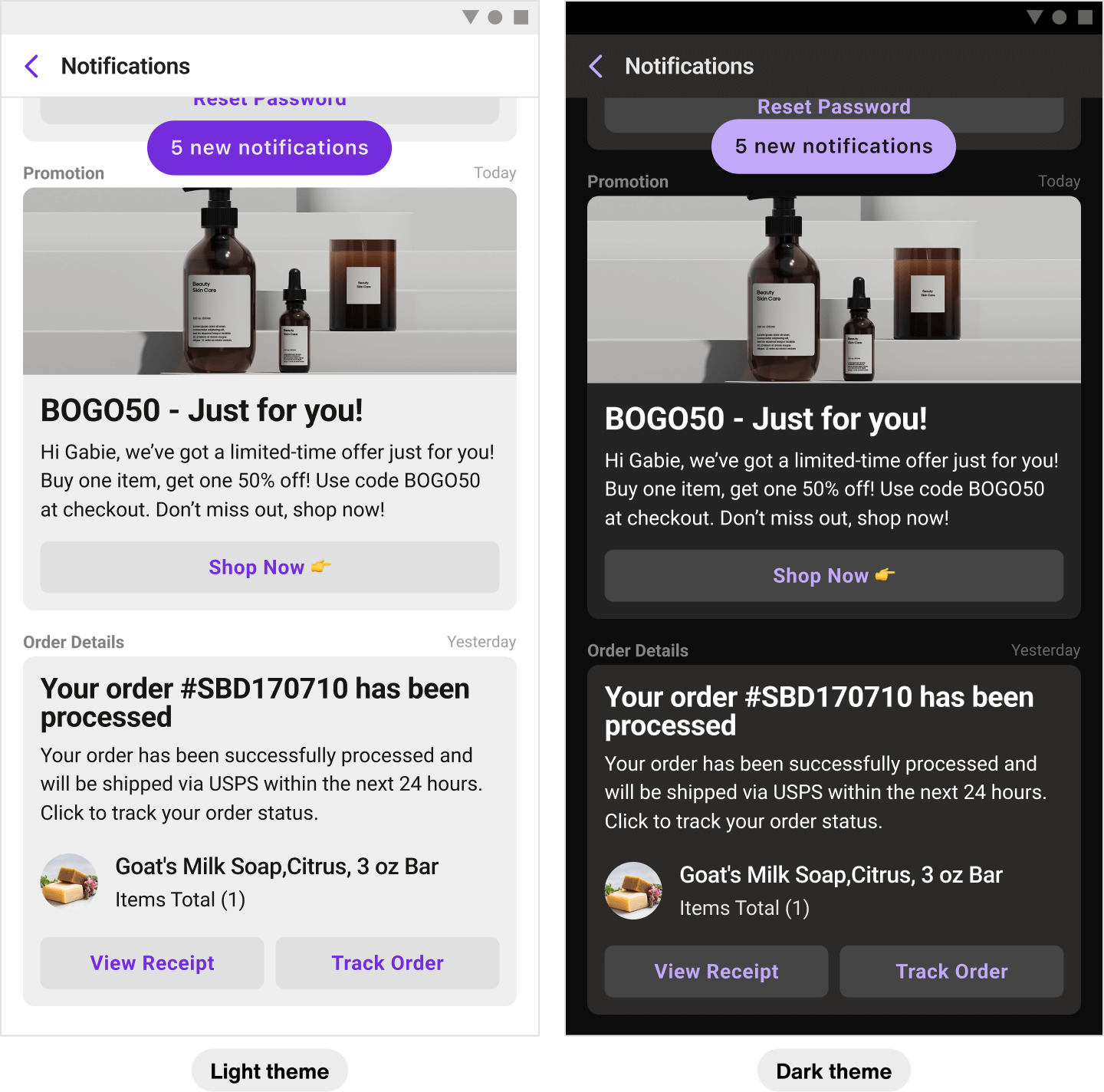 Image|An image showing android's light-theme view on the left and dark-theme on the right.