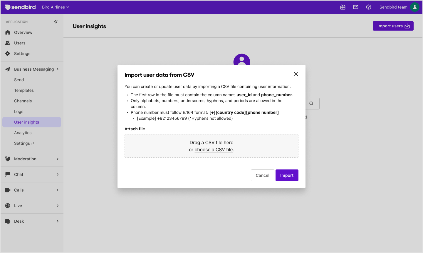 image|a screenshot of user insight with a search box and import user data popup