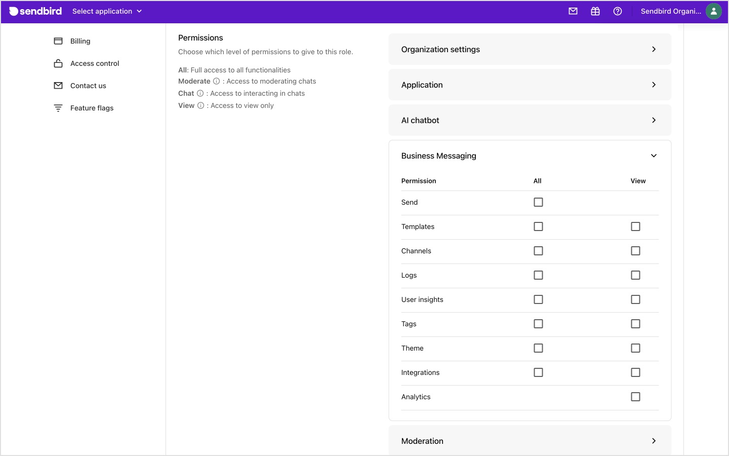 image|The Permissions section on the Roles page and its Business Messaging tab