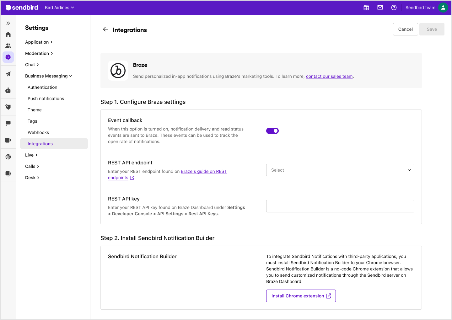 Image|An image showing how to set up Braze integration on Sendbird Dashboard.